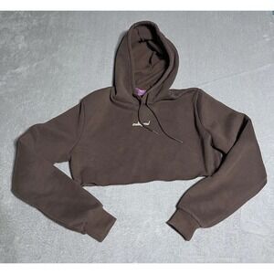 Edikted Hoodie Womens XS Brown Cropped Logo Print Skater‎ Pullover Streetwear
